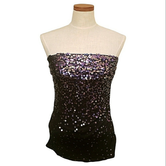 Express Iridescent Metallic Sequins High-Low Strapless Tube Top w/Built-In Bra M - Picture 1 of 16